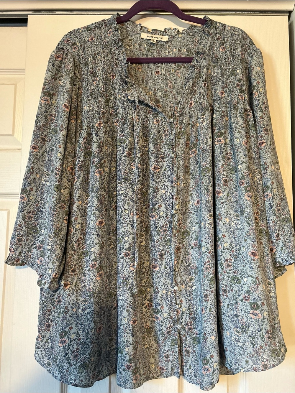Rose & Olive Dusty Blue Floral Smocked Yoke Blouse